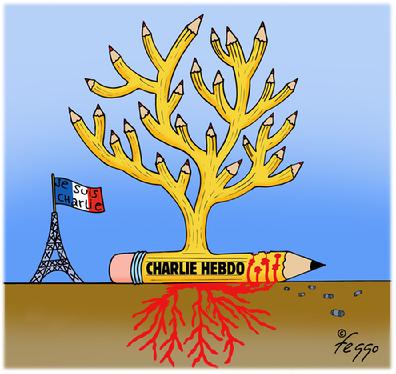 "Homage to Charlie Hebdo", Digital Print. In the Library of Congress and Harvard Libraries Collections.